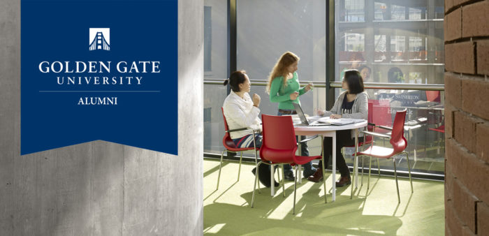 header image with a banner of Golden Gate University, students talking around a table at the GGU campus